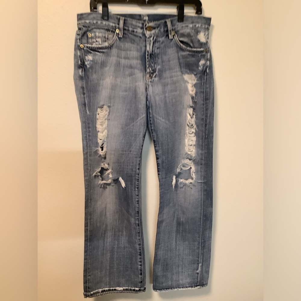 Seven 7 for all mankind boot cut side slit hem 32 heavily distressed men jeans